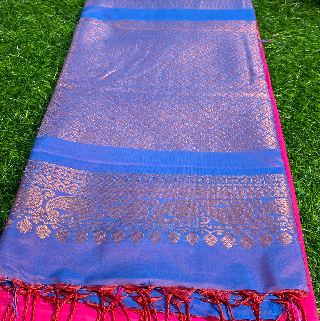 Kanjivaram Tissue Border Soft Silk Sarees (Pink and Blue Colour)