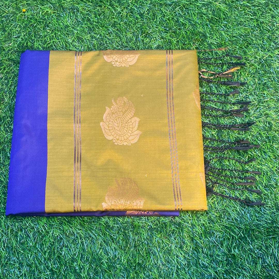 Kanjivaram Tissue Border Soft Silk Sarees (Mehandi Green and Purple Colour)