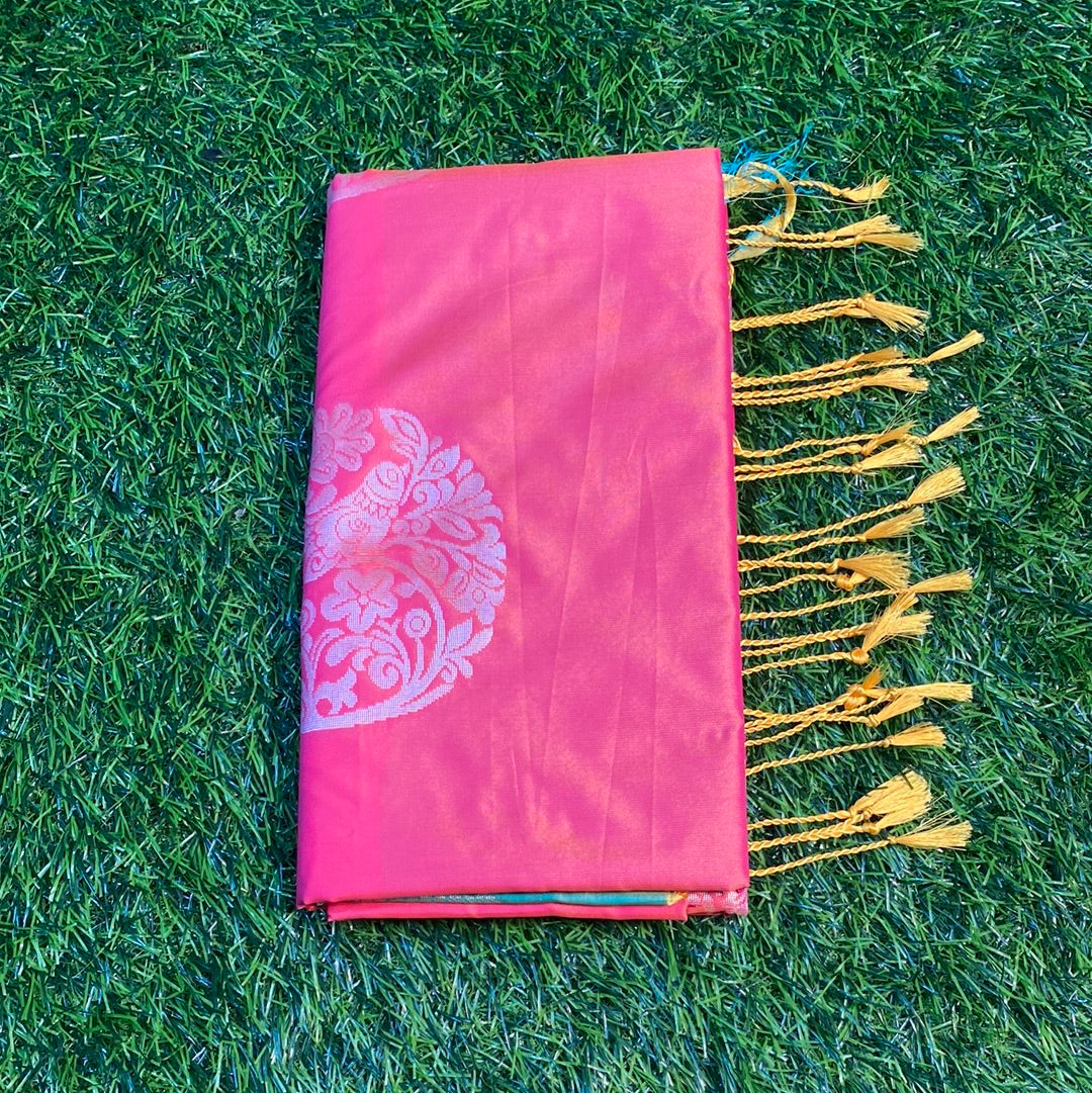 Kanjivaram Tissue Border Soft Silk Sarees (Orange and Sea Green Colour)