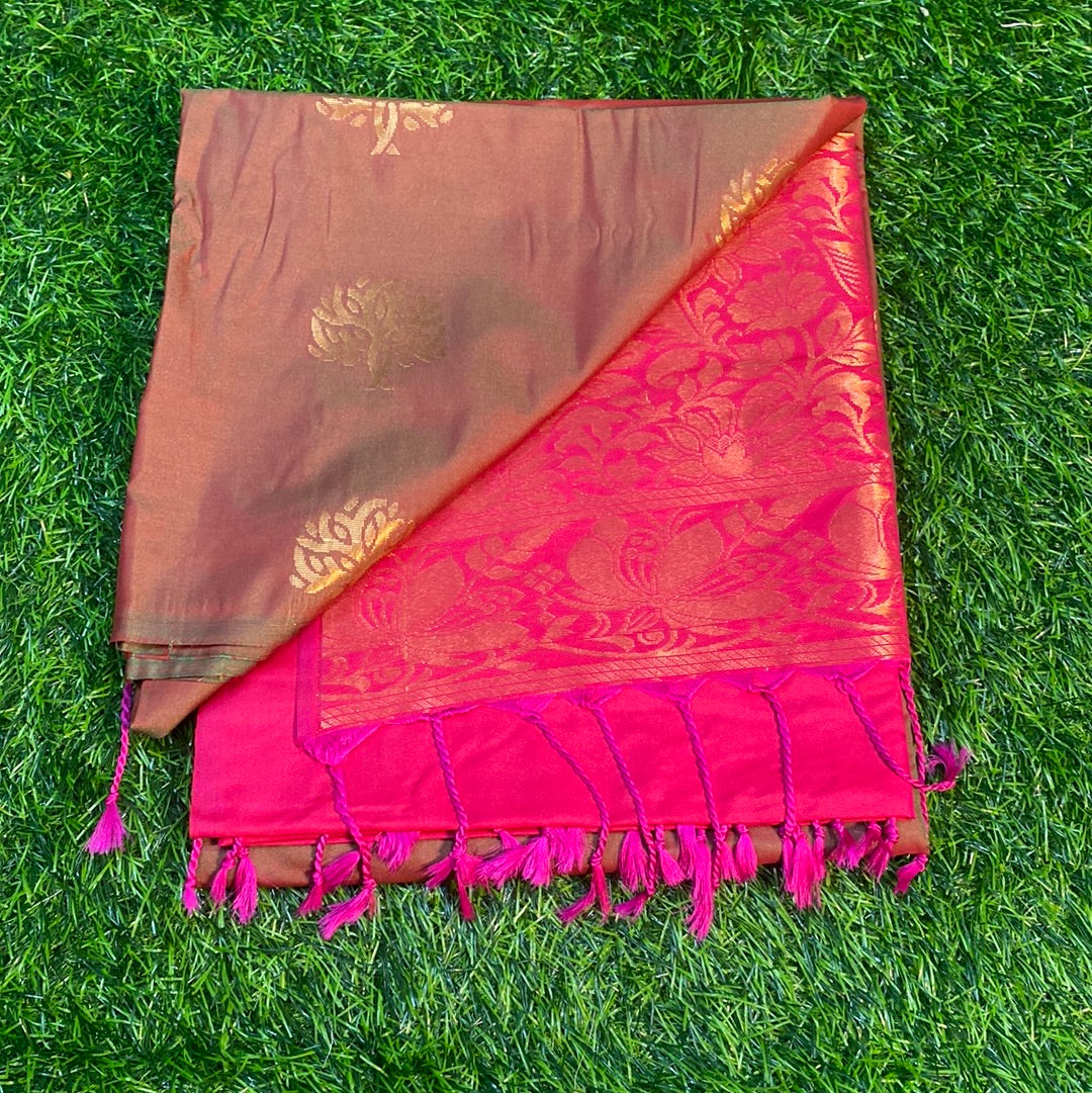 Kanjivaram Tissue Border Soft Silk Sarees (Brown and Pink Colour)