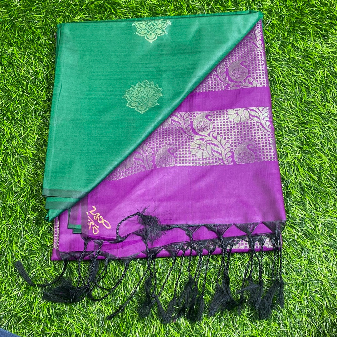 Kanjivaram Tissue Border Soft Silk Sarees (Green and Purple Colour)