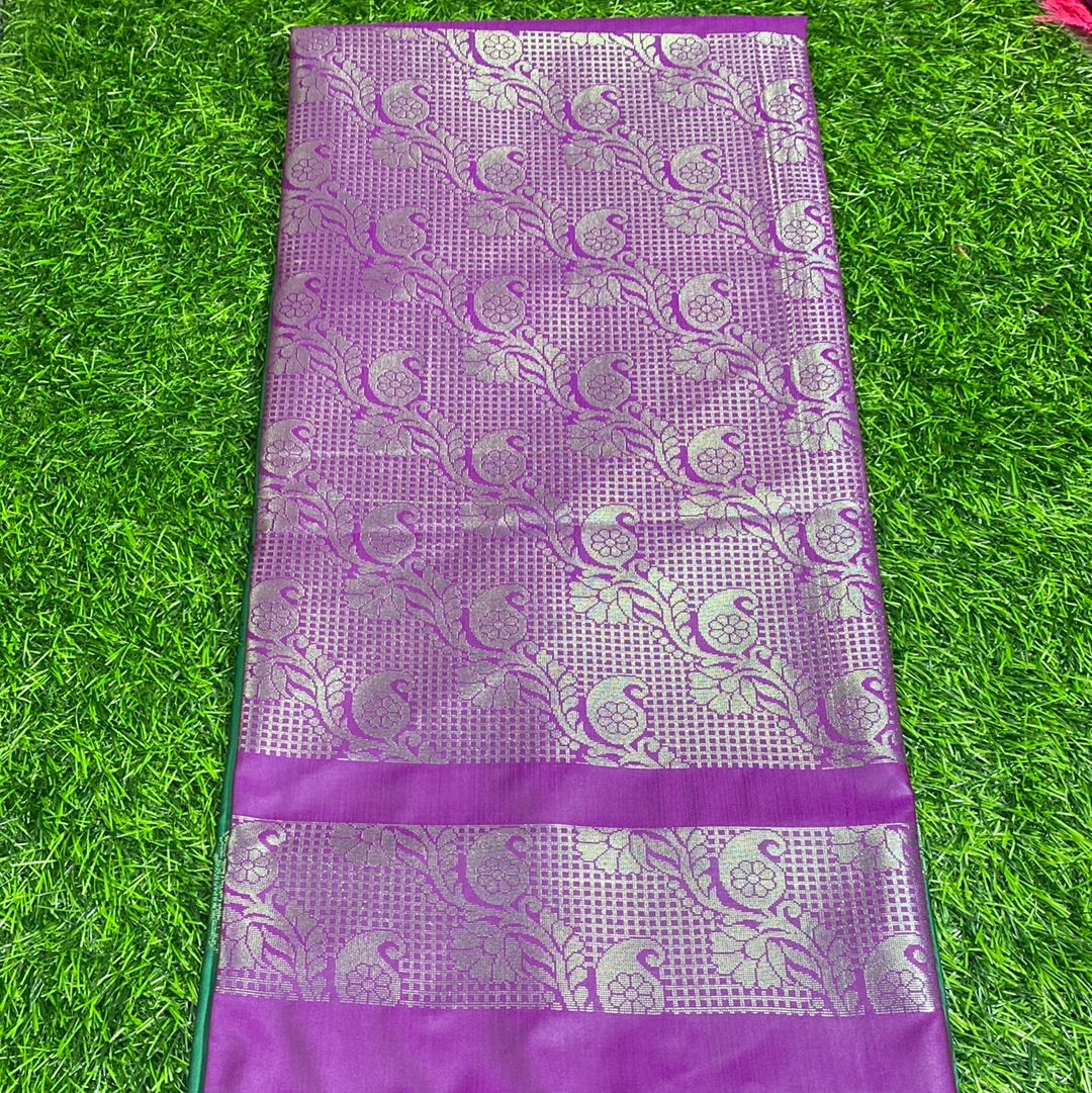 Kanjivaram Tissue Border Soft Silk Sarees (Green and Purple Colour)