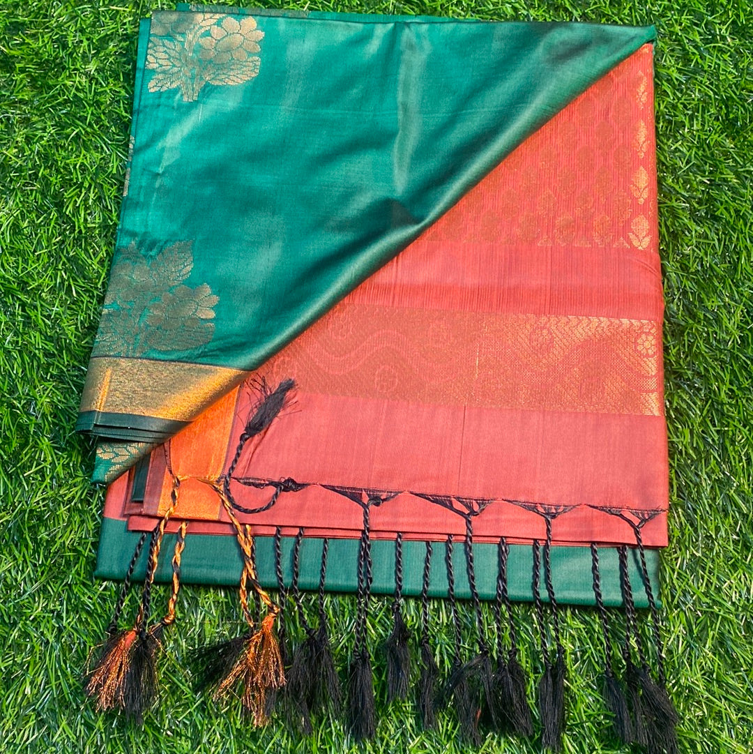 Kanjivaram Tissue Border Soft Silk Sarees (Green and Pink Colour)