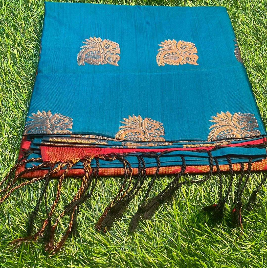 Kanjivaram Tissue Border Soft Silk Sarees (sea blue and maroon)