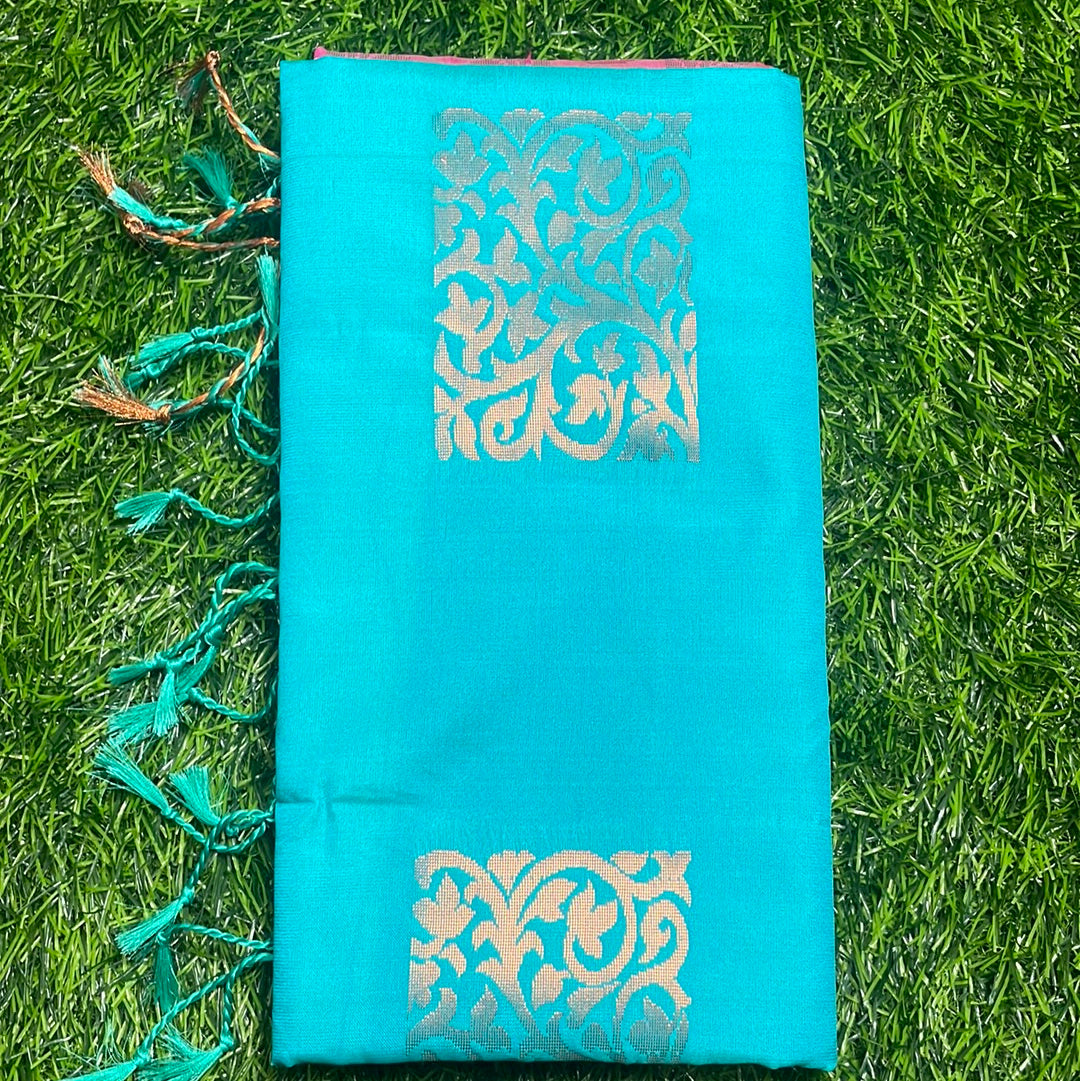 Kanjivaram Tissue Border Soft Silk Sarees : Sea Blue and Pink