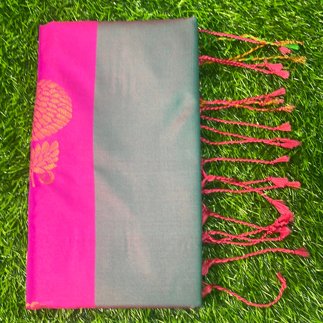 Kanjivaram Tissue Border Soft Silk Sarees (Dark Pink & Green)