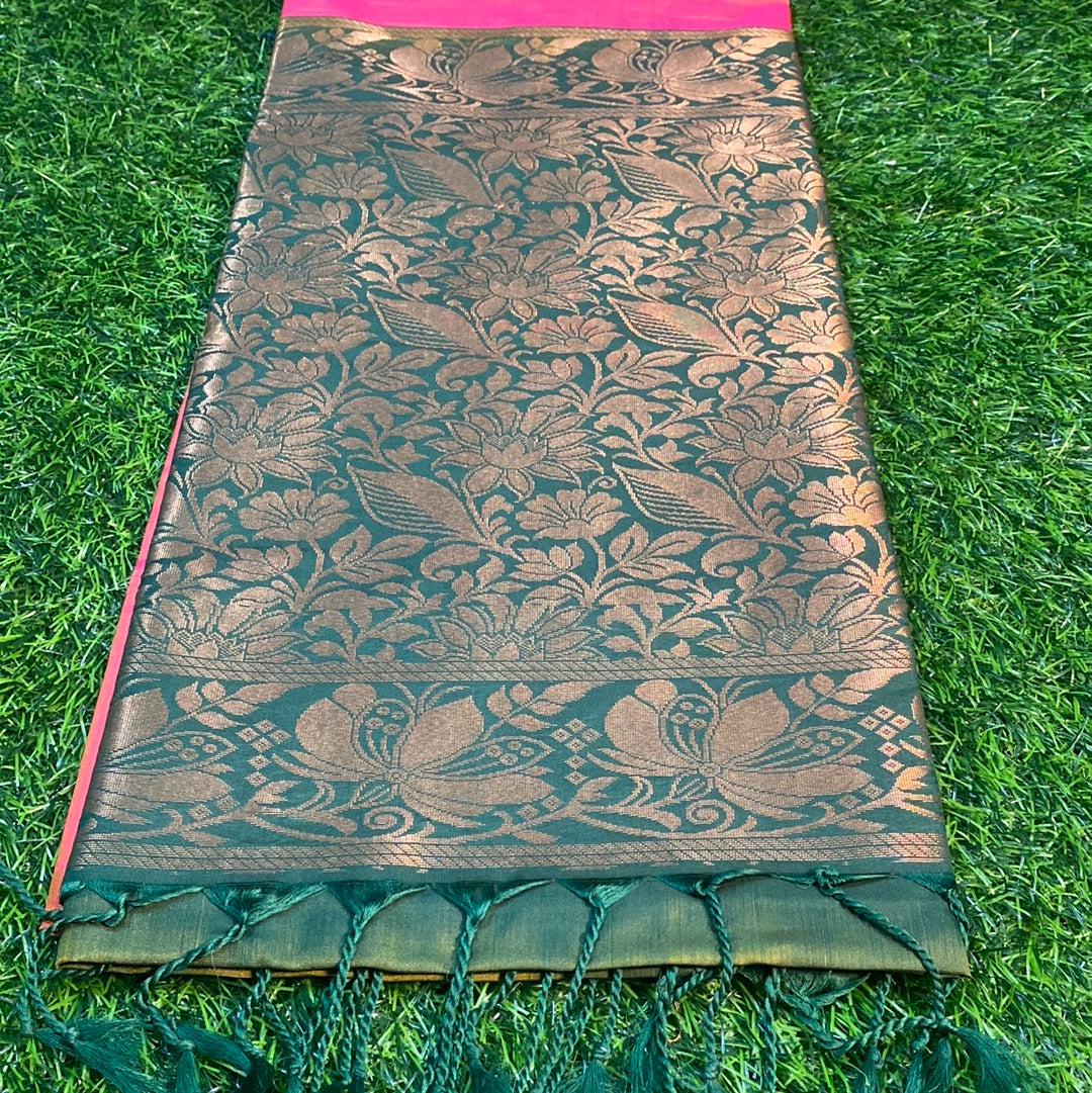 Kanjivaram Tissue Border Soft Silk Sarees (Orange and Green Colour)