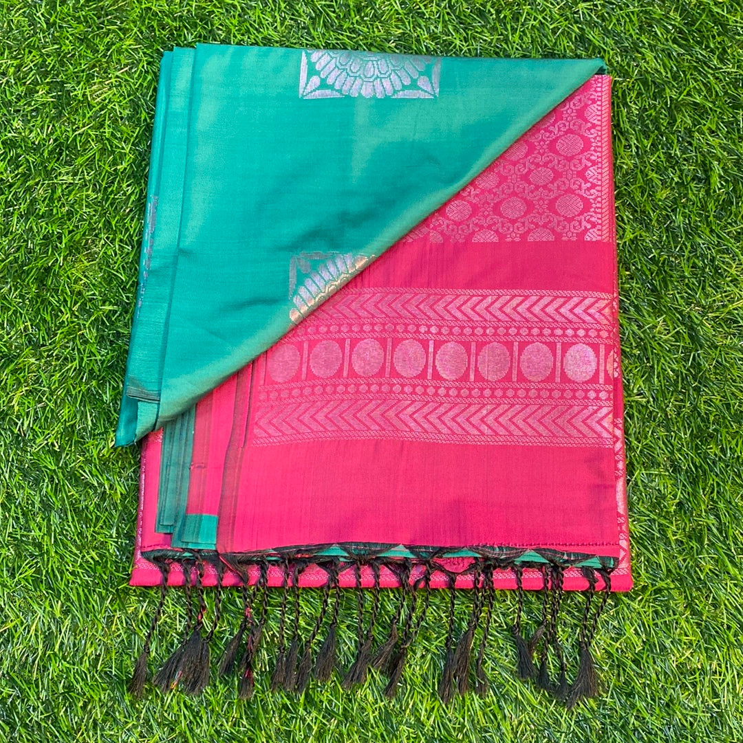 Kanjivaram Tissue Border Soft Silk Sarees (Pink and Sea Green Colour)