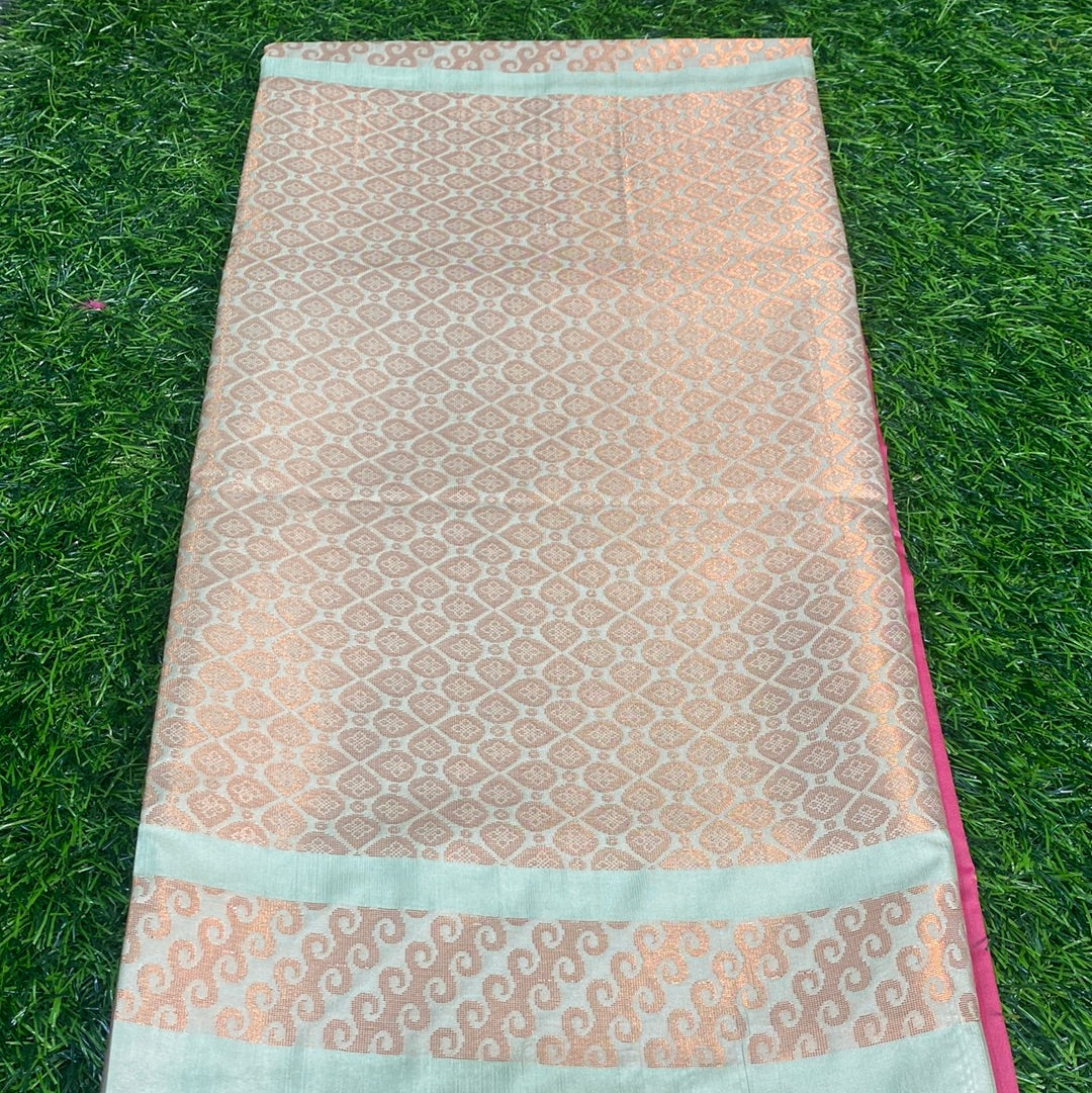 Kanjivaram Tissue Border Soft Silk Sarees (Pink and Sea Green Colour)