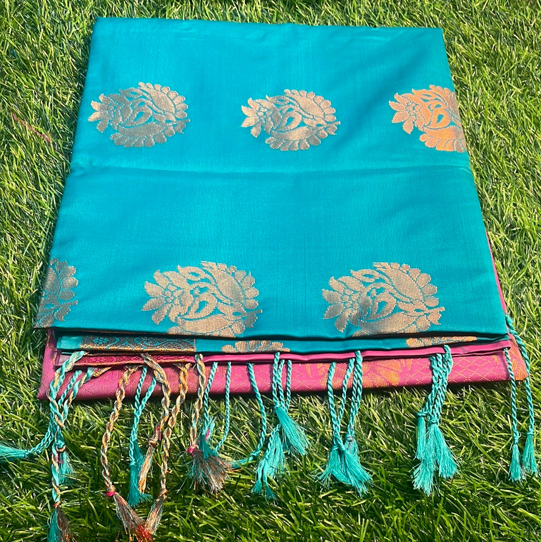 Kanjivaram Tissue Border Soft Silk Sarees (Sea Blue and Light Pink)