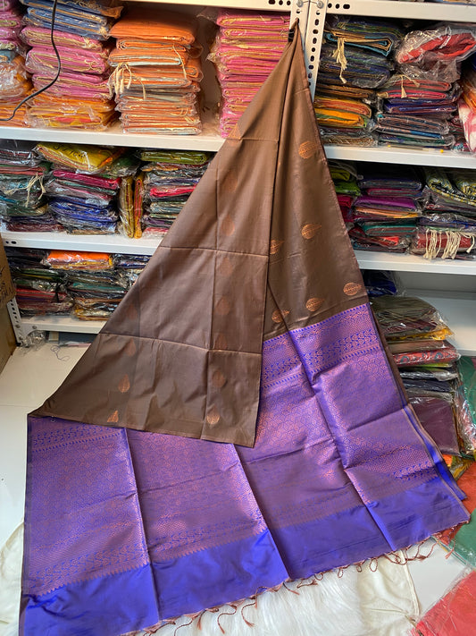 Kanjivaram Tissue Border Soft Silk Sarees (Brown & Royal Blue)