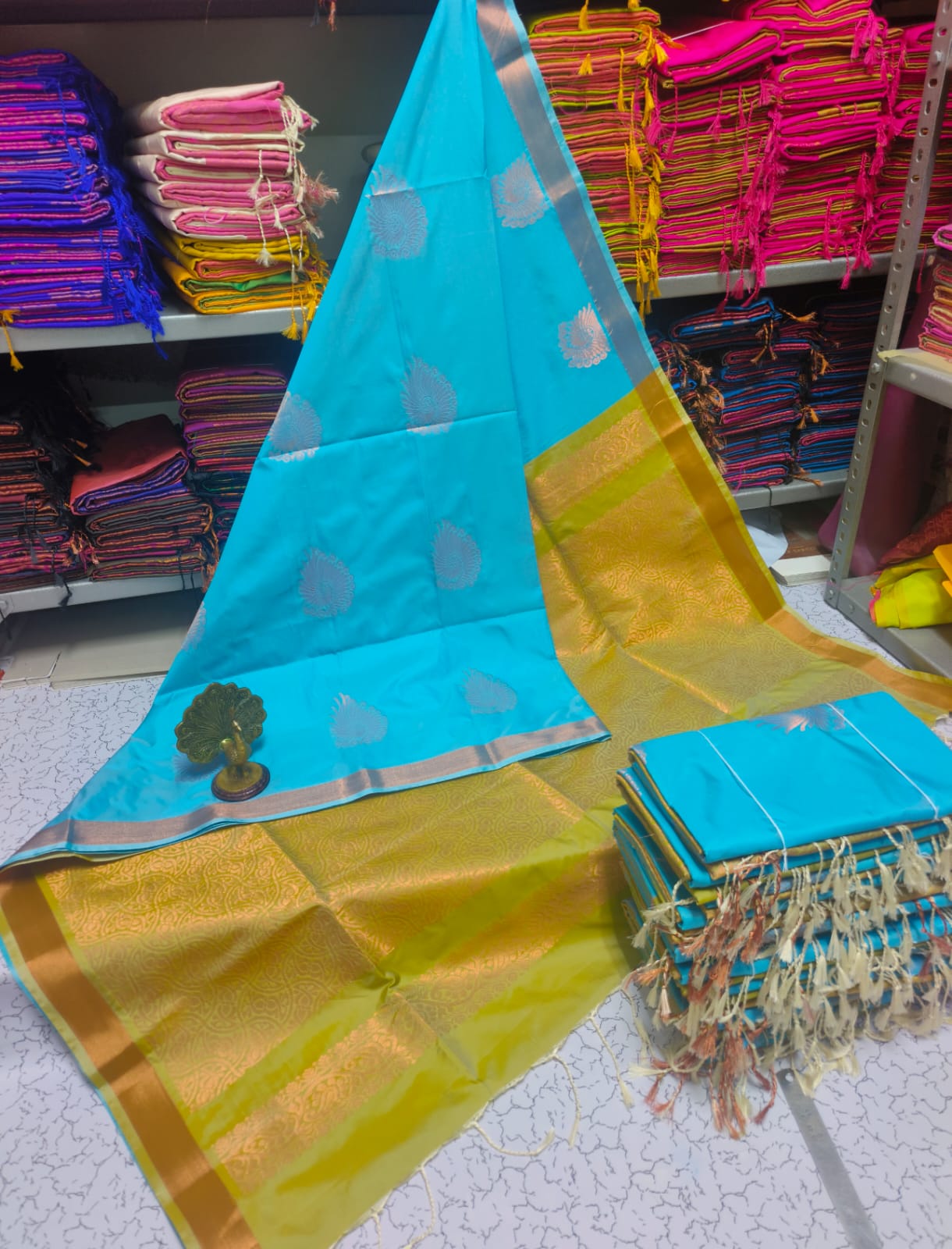 Kanjivaram Tissue Border Soft Silk Sarees (Sea Blue and Yellow)