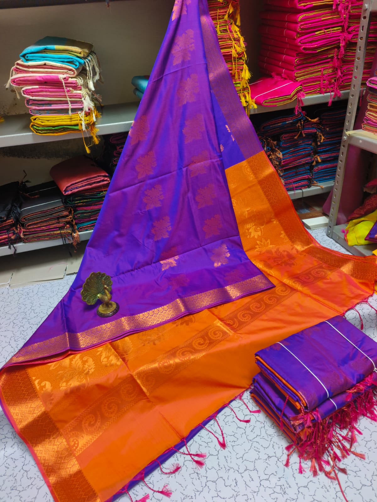Kanjivaram Tissue Border Soft Silk Sarees (Orange and Purple)
