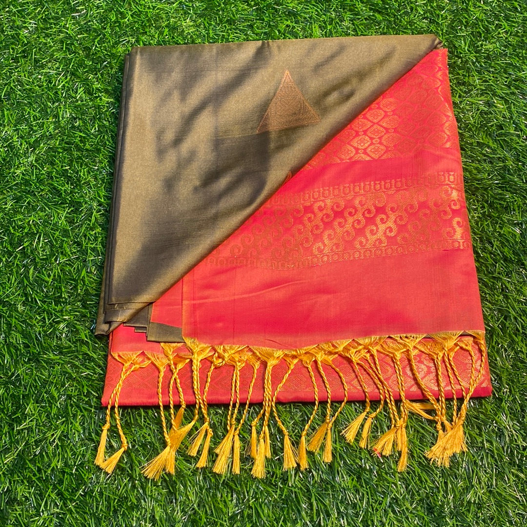 Kanjivaram Tissue Border Soft Silk Sarees (Green and Orange Colour)