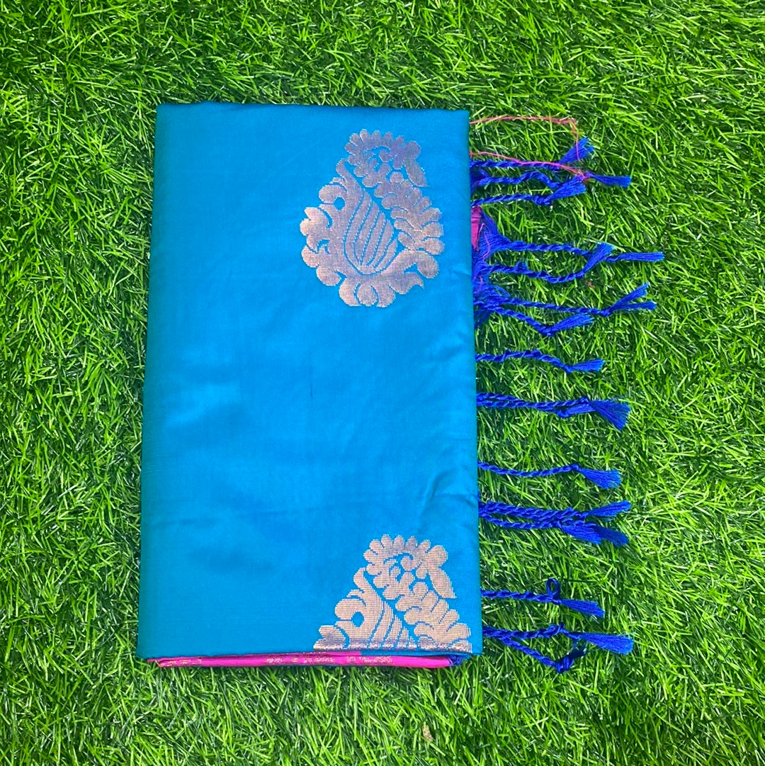 Kanjivaram Tissue Border Soft Silk Sarees (Teal and Pink Colour)