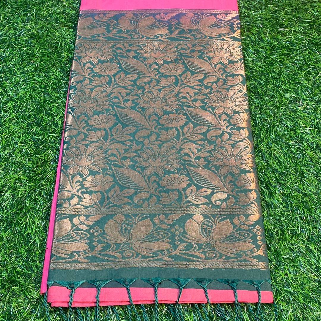 Kanjivaram Tissue Border Soft Silk Sarees (Pink and Green Colour)