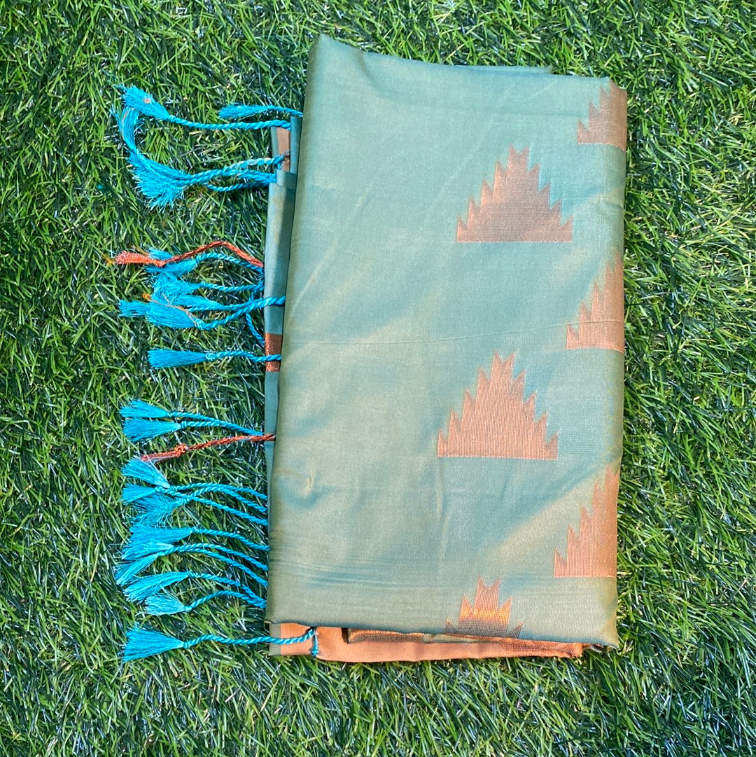 Kanjivaram Tissue Border Soft Silk Sarees (Green and Mustard Colour)