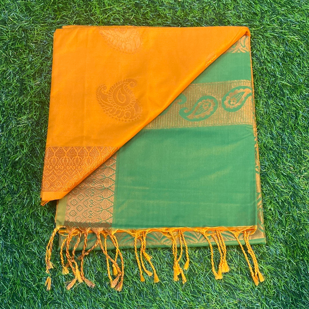 Kanjivaram Tissue Border Soft Silk Sarees (Orange and Green Colour)