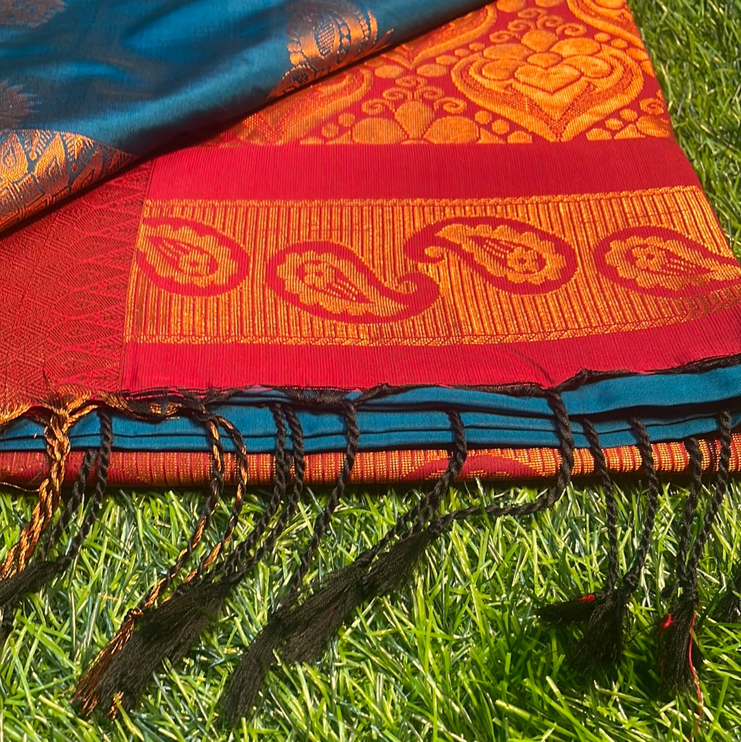 Kanjivaram Tissue Border Soft Silk Sarees (sea blue and maroon)