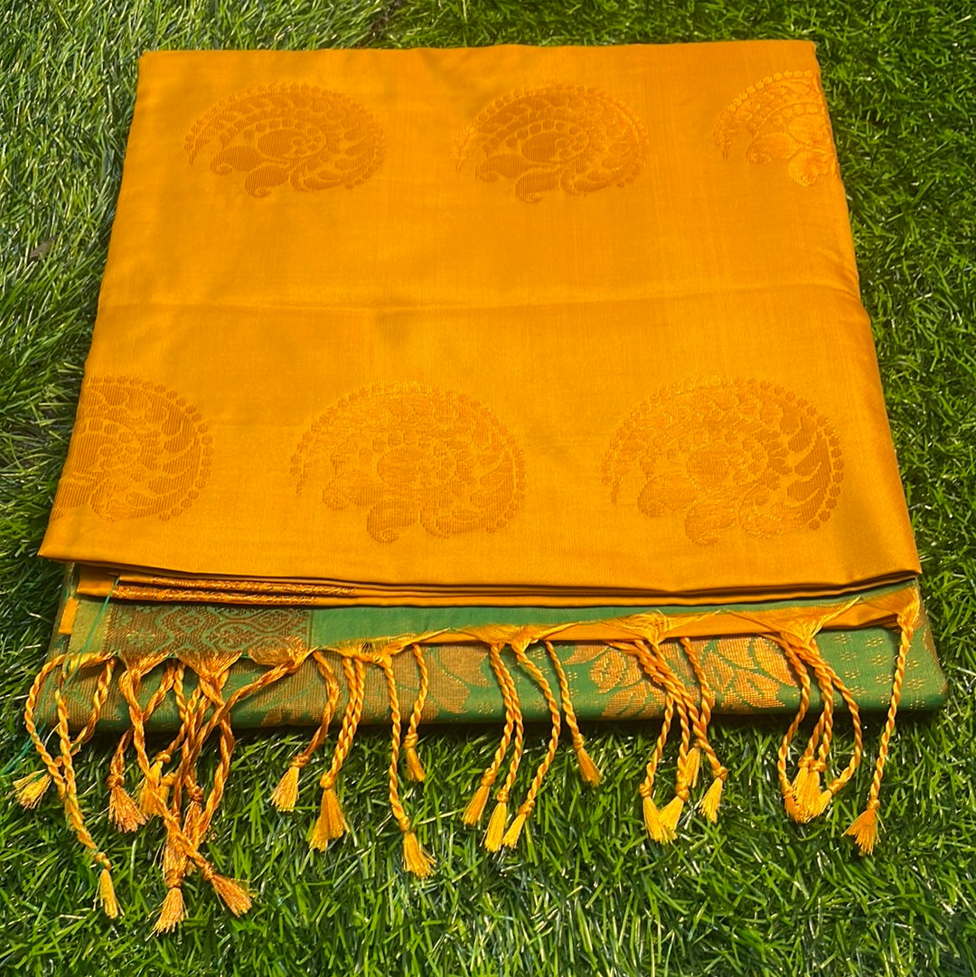 Kanjivaram Tissue Border Soft Silk Sarees (Mustard and Green)