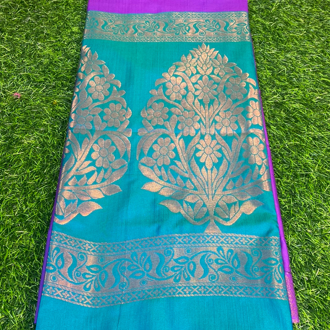 Kanjivaram Tissue Border Soft Silk Sarees (Purple and Olive Colour)