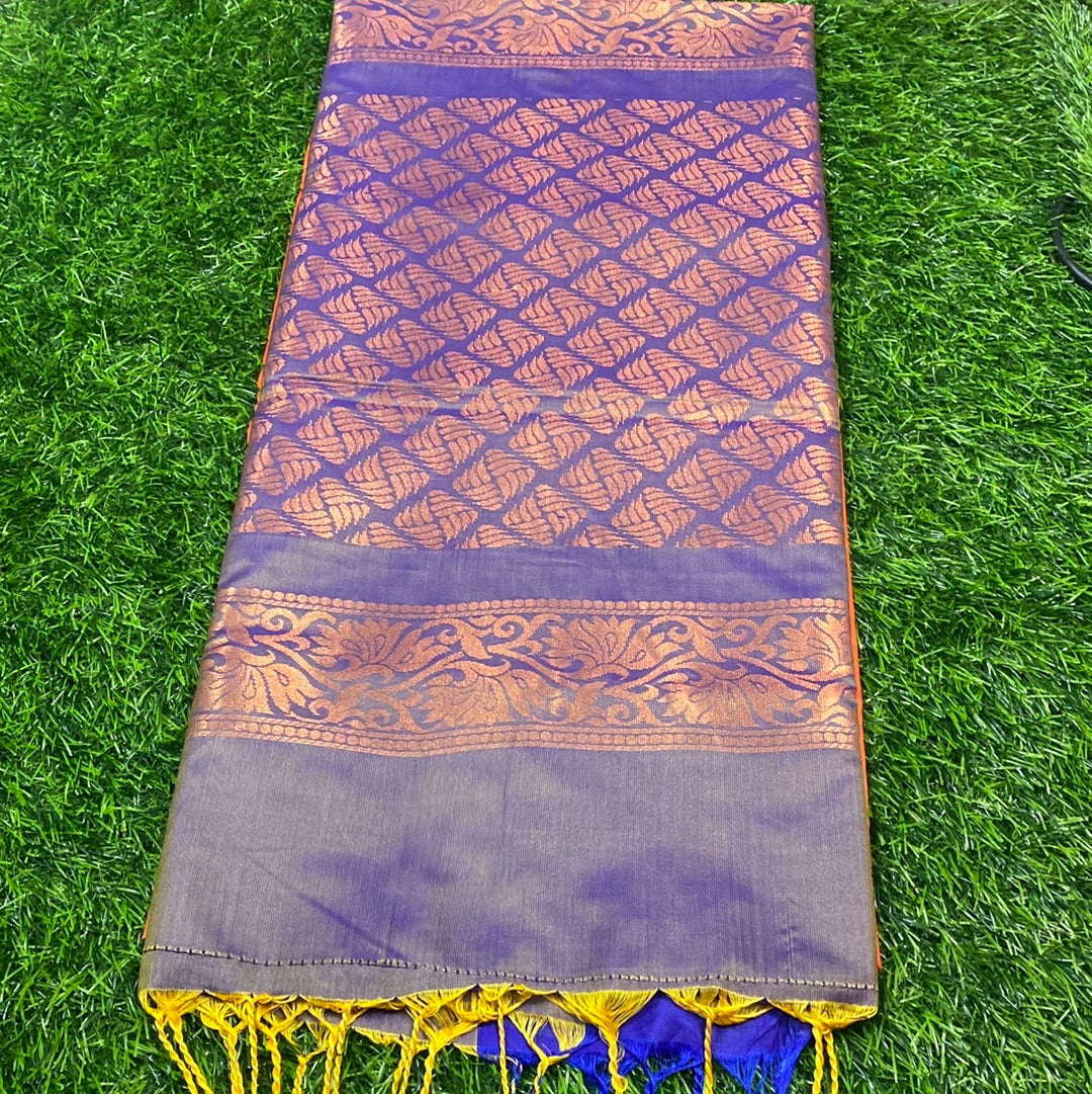 Kanjivaram Tissue Border Soft Silk Sarees (Orange and Blue Colour)