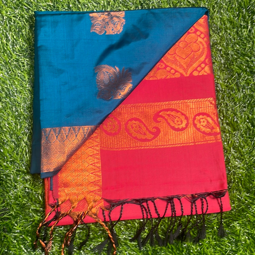 Kanjivaram Tissue Border Soft Silk Sarees (sea green and red)