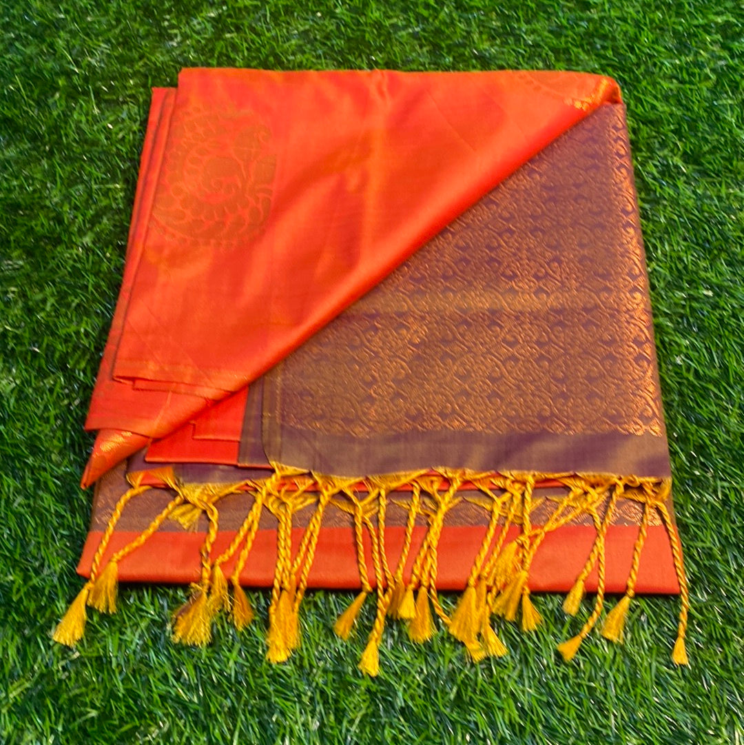 Kanjivaram Tissue Border Soft Silk Sarees (Orange and Brown Colour)
