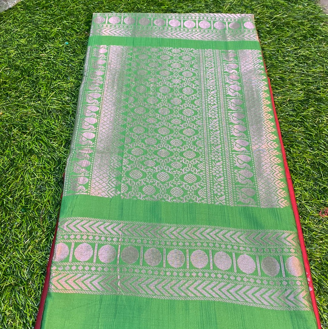 Kanjivaram Tissue Border Soft Silk Sarees (Maroon and Green Colour)