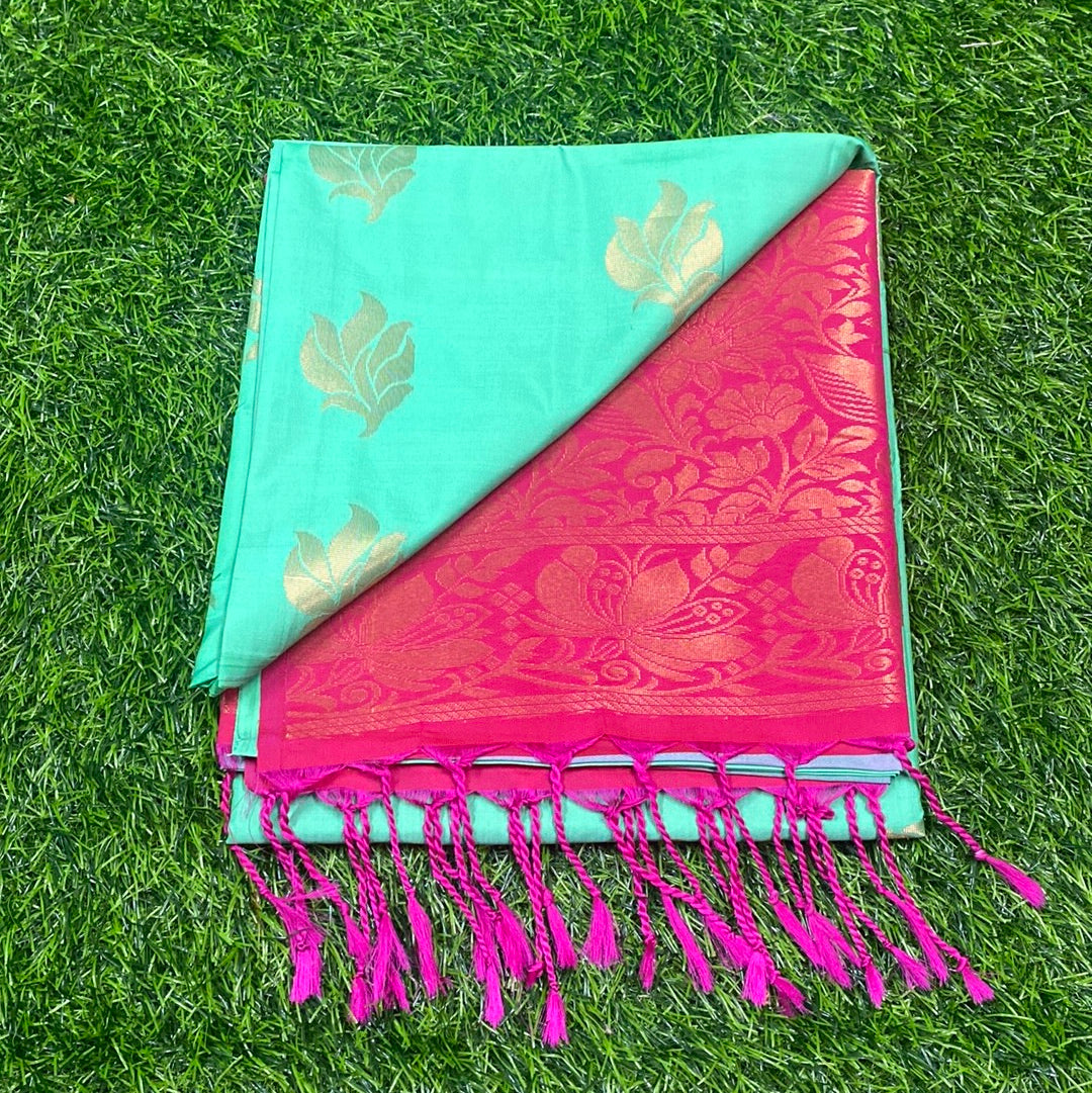 Kanjivaram Tissue Border Soft Silk Sarees (Green and Pink Colour)