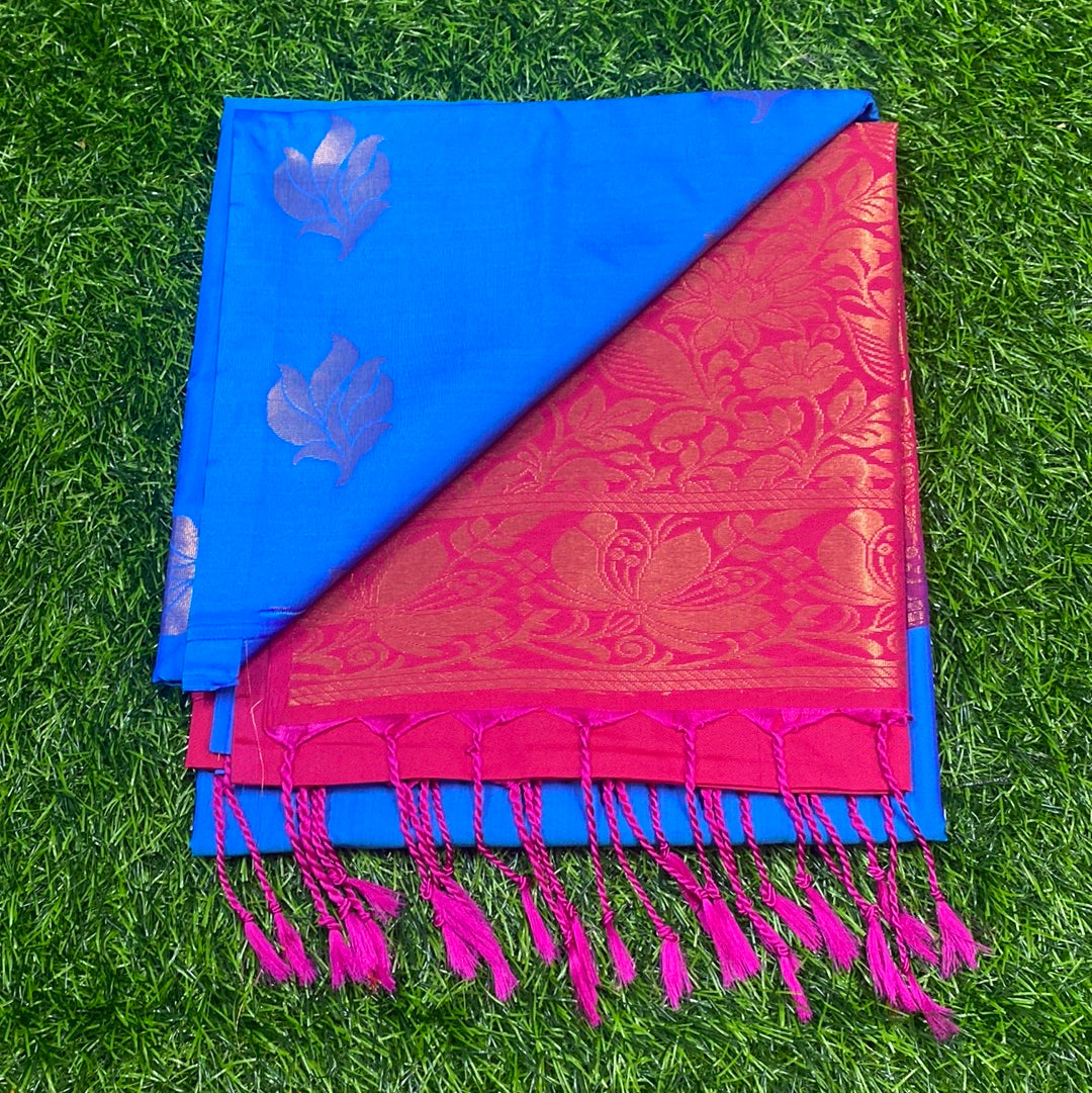Kanjivaram Tissue Border Soft Silk Sarees (Blue and Pink Colour)