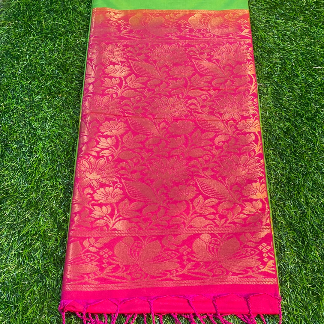 Kanjivaram Tissue Border Soft Silk Sarees (Green and Pink Colour)