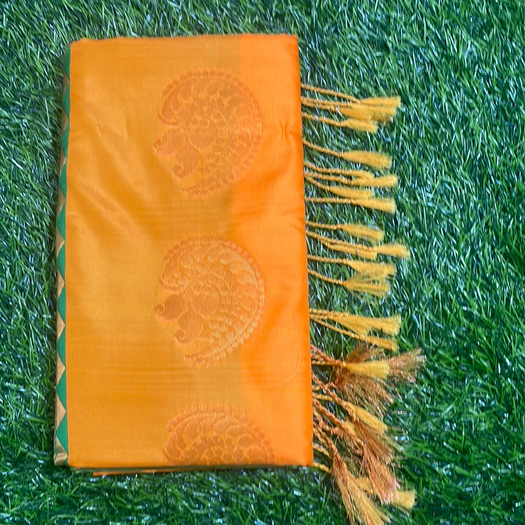 Kanjivaram Tissue Border Soft Silk Sarees (Orange and Green)