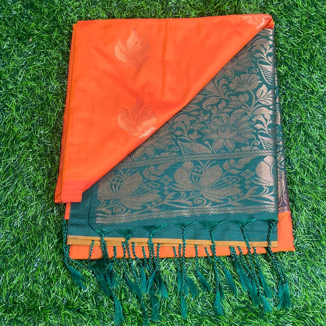 Kanjivaram Tissue Border Soft Silk Sarees (Orange and Green Colour)