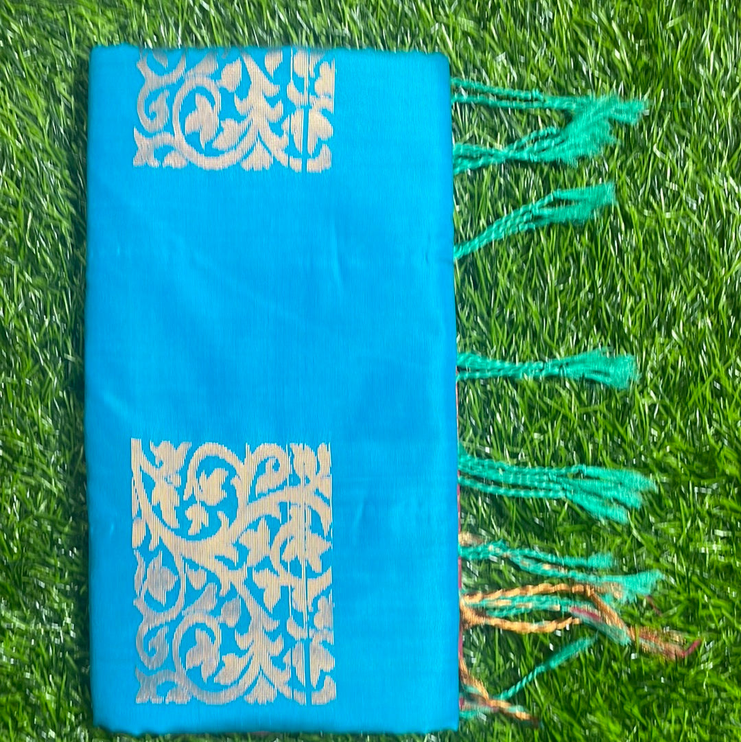 Kanjivaram Tissue Border Soft Silk Saree's (Sea Blue and Pink)