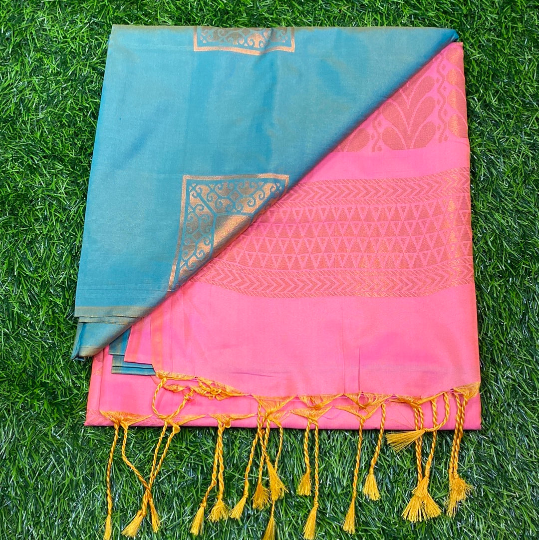 Kanjivaram Tissue Border Soft Silk Sarees (Sea Green and Pink Colour)