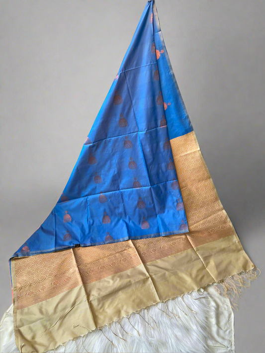 Kanjivaram Tissue Border Soft Silk Sarees (Sea Blue & Cream)