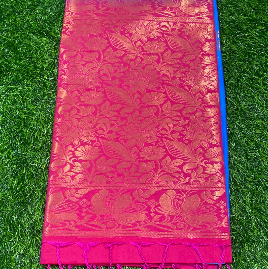 Kanjivaram Tissue Border Soft Silk Sarees (Blue and Pink Colour)