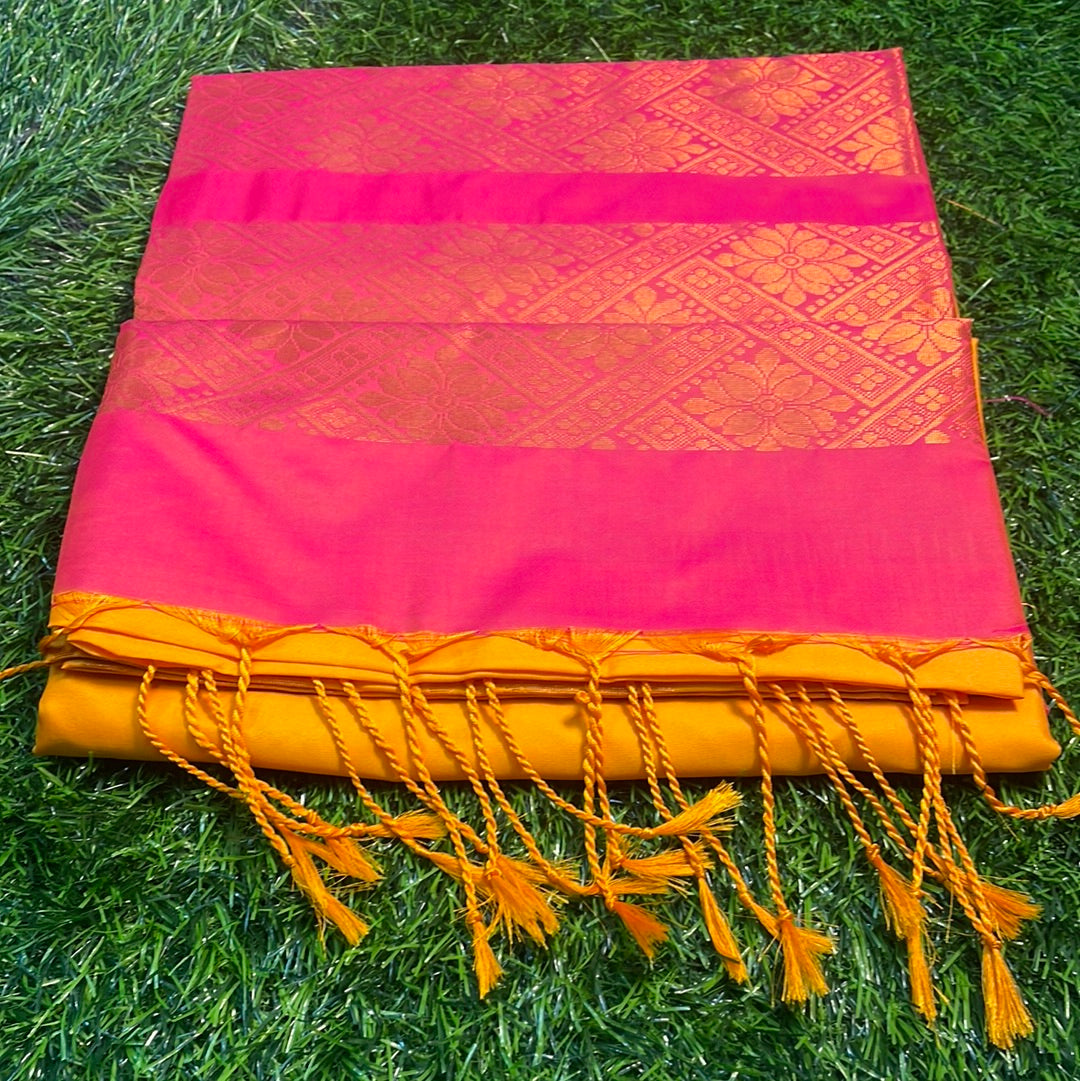 Kanjivaram Tissue Border Soft Silk Sarees (Mustard and Pink)