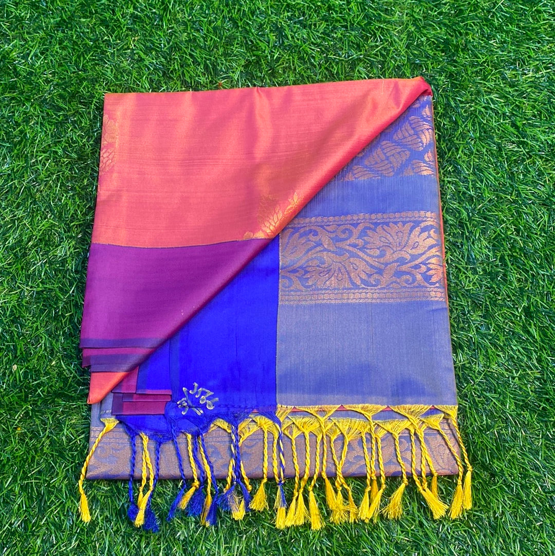 Kanjivaram Tissue Border Soft Silk Sarees (Orange and Blue Colour)