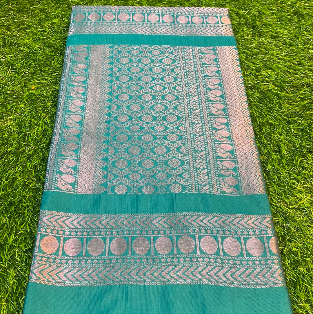 Kanjivaram Tissue Border Soft Silk Sarees (Purple and Sea Green Colour)