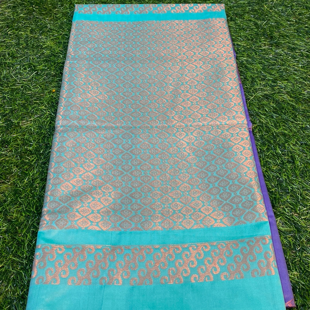 Kanjivaram Tissue Border Soft Silk Sarees (Purple and Sea Green Colour)