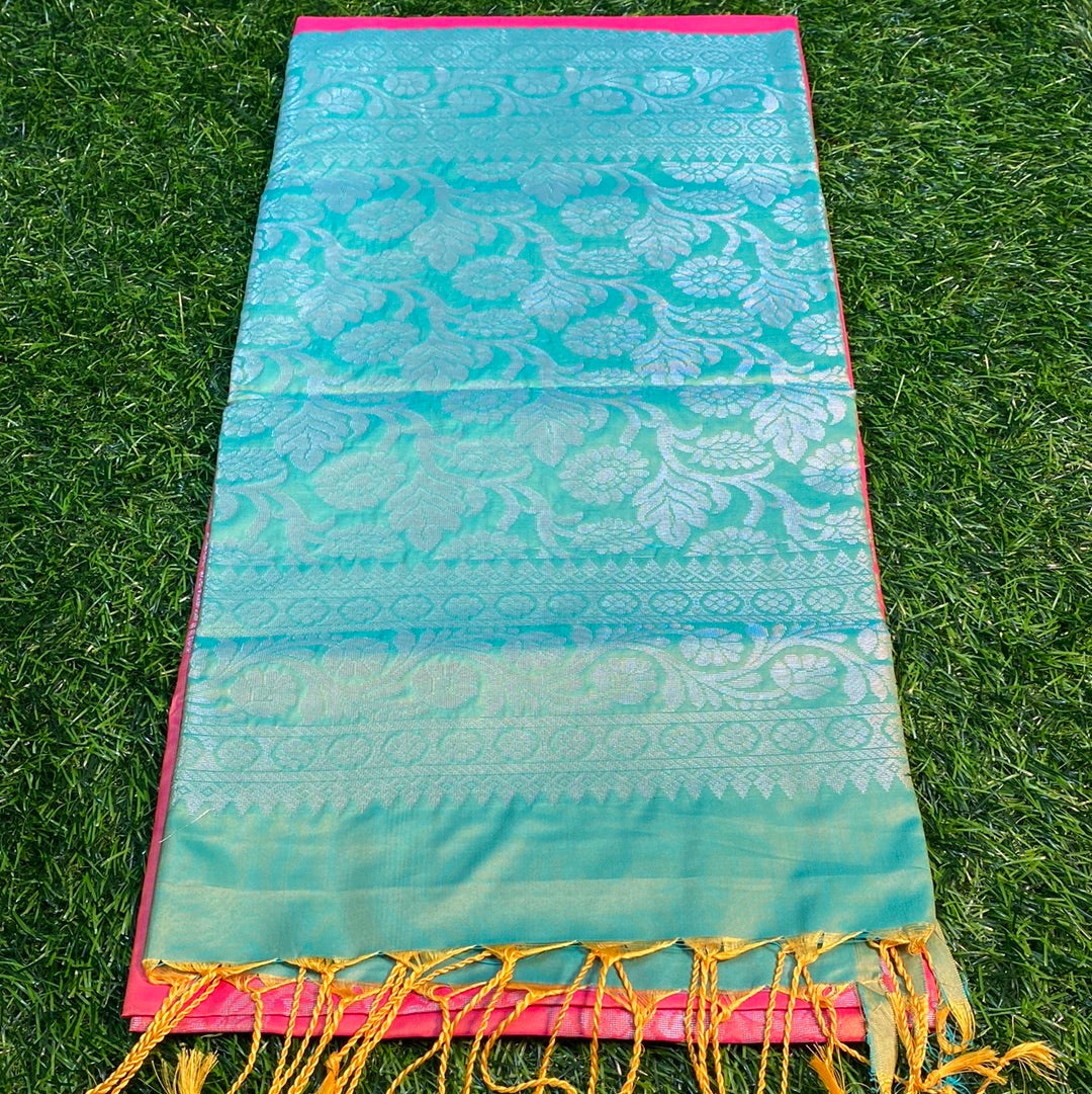 Kanjivaram Tissue Border Soft Silk Sarees (Orange and Sea Green Colour)