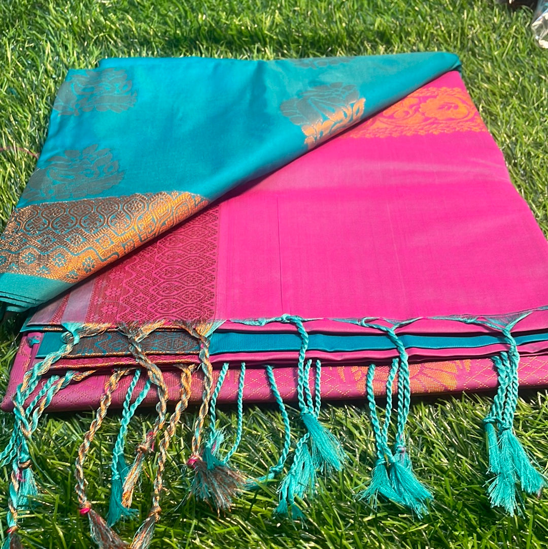 Kanjivaram Tissue Border Soft Silk Sarees (Sea Blue and Light Pink)
