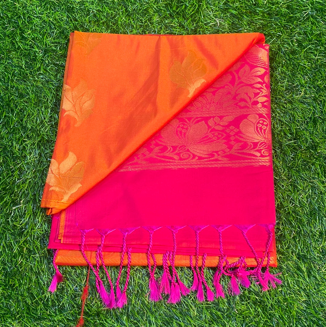 Kanjivaram Tissue Border Soft Silk Sarees (Orange and Pink Colour)