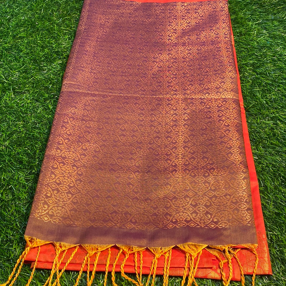 Kanjivaram Tissue Border Soft Silk Sarees (Orange and Brown Colour)