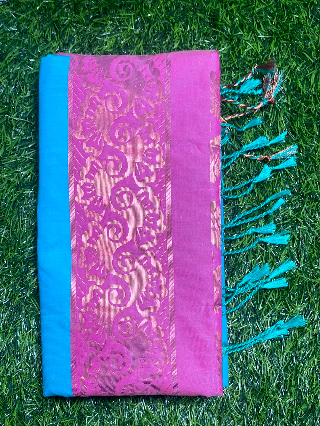 Kanjivaram Tissue Border Soft Silk Sarees : Sea Blue and Pink
