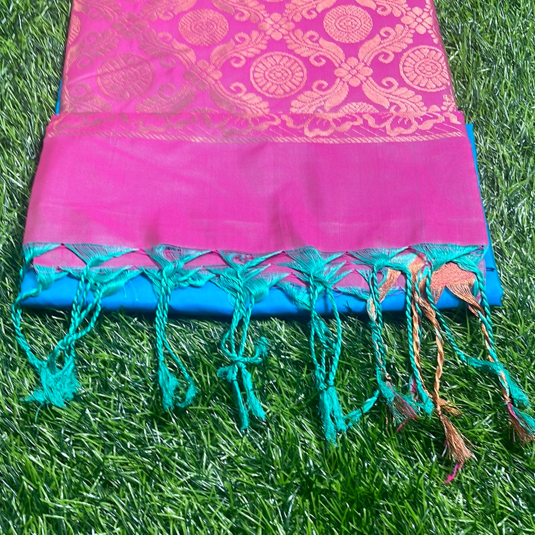 Kanjivaram Tissue Border Soft Silk Saree's (Sea Blue and Pink)