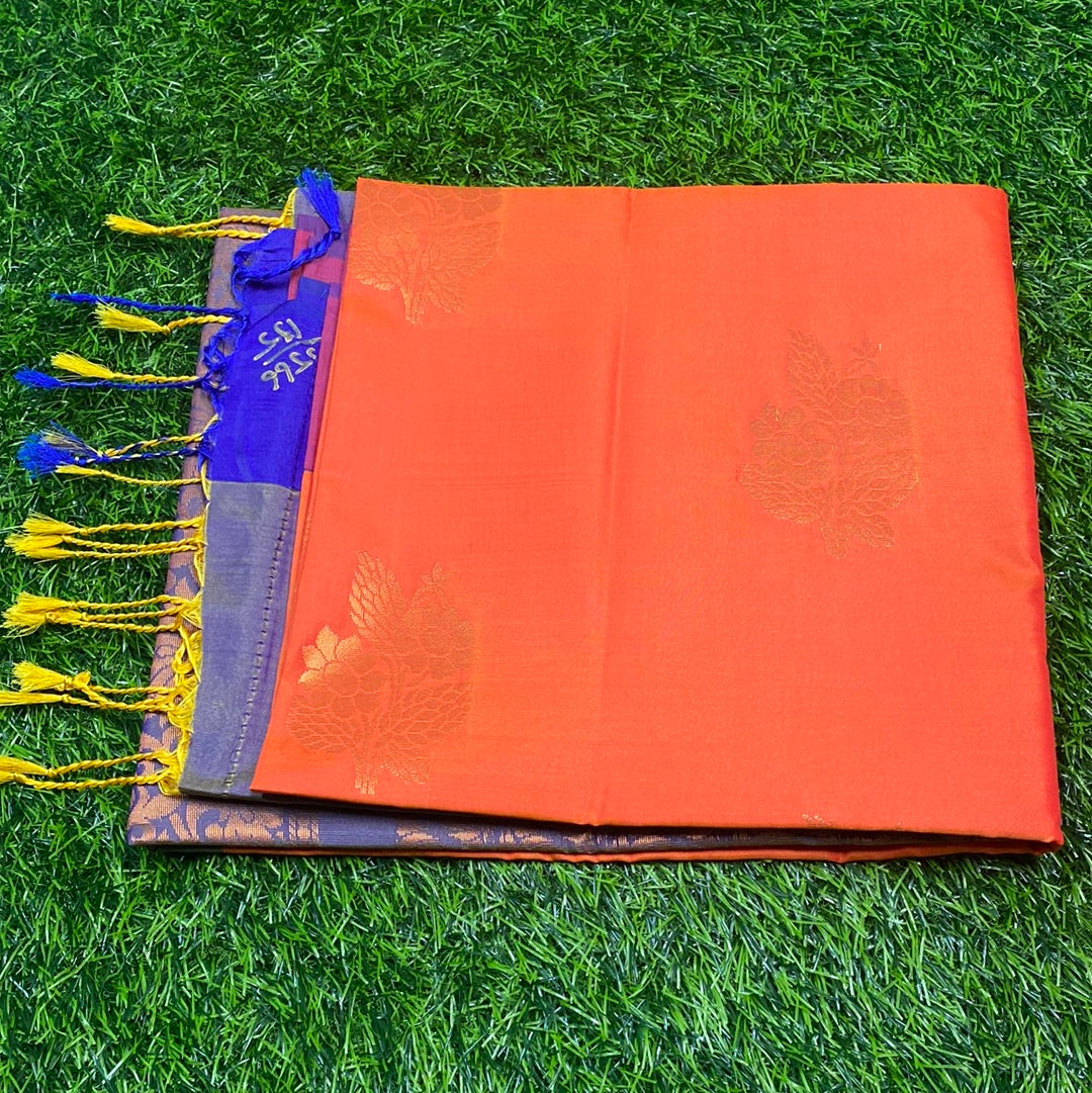 Kanjivaram Tissue Border Soft Silk Sarees (Orange and Blue Colour)