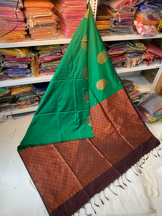 Kanjivaram Tissue Border Soft Silk Sarees (Green & Brown)